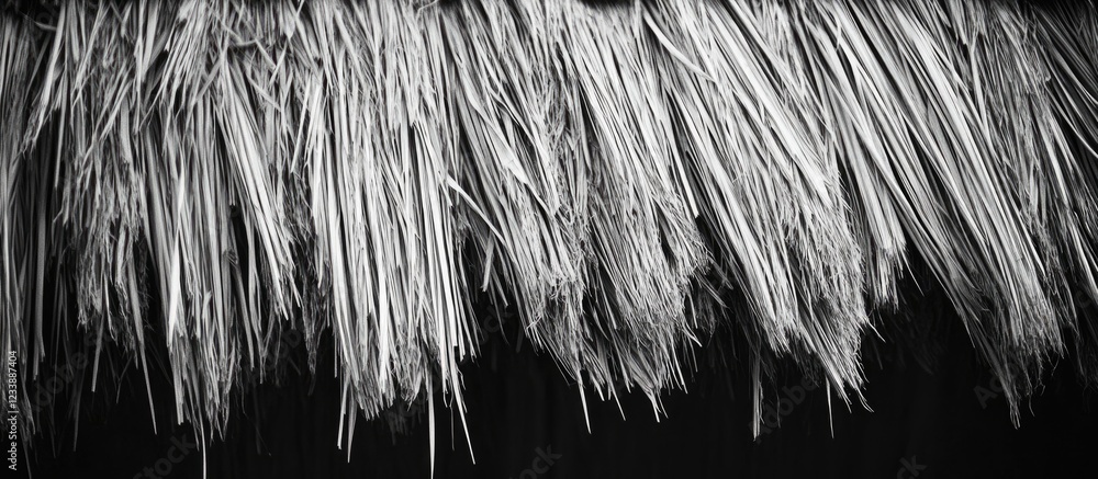 Poster black and white close-up of dried grass or straw texture with dark background and natural fibers arr
