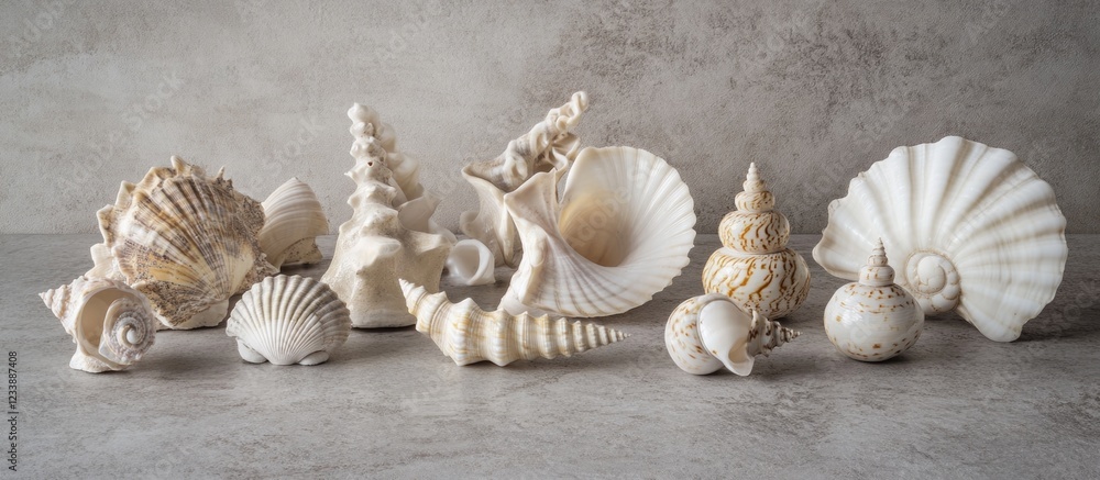 Poster various sea shells arranged on a neutral background creating a natural and minimalistic still life c