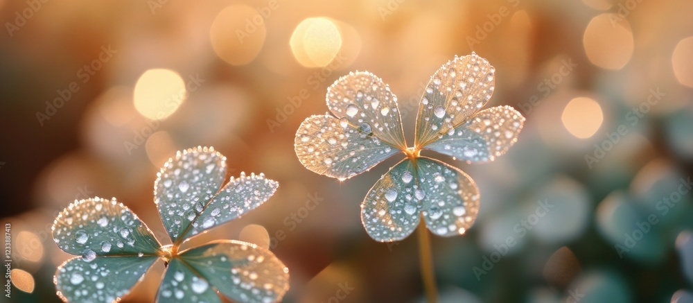 Aufkleber close-up of clover leaves with water droplets and soft bokeh background copy space