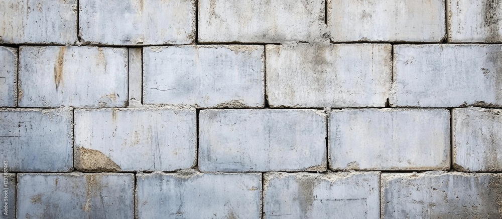 Poster textured concrete wall with aligned bricks in varying shades of gray and distressed surface featurin