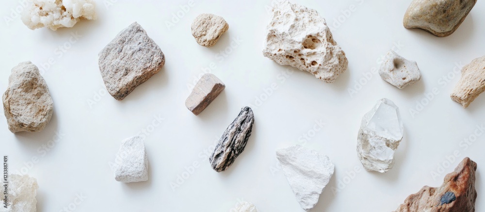 Poster different types of rocks and minerals arranged on a white background with copy space for text placem