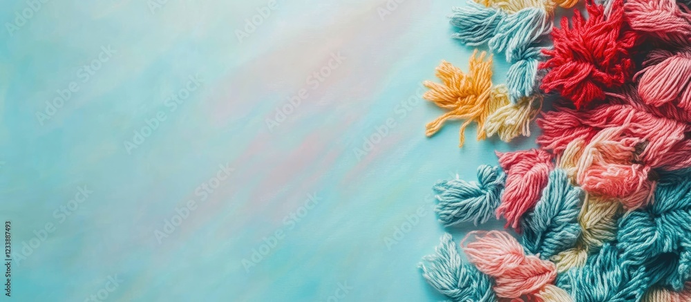 Poster colorful yarn strands arranged on a pastel background with ample copy space for text placement