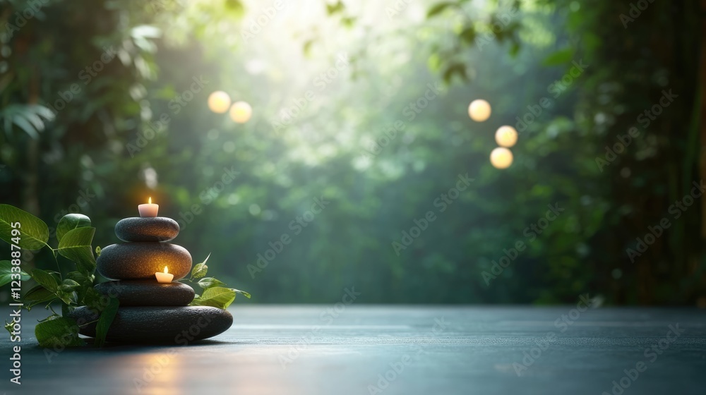 Poster stacked black spa stones with lit candles in a lush green forest setting with bokeh lights and copy 