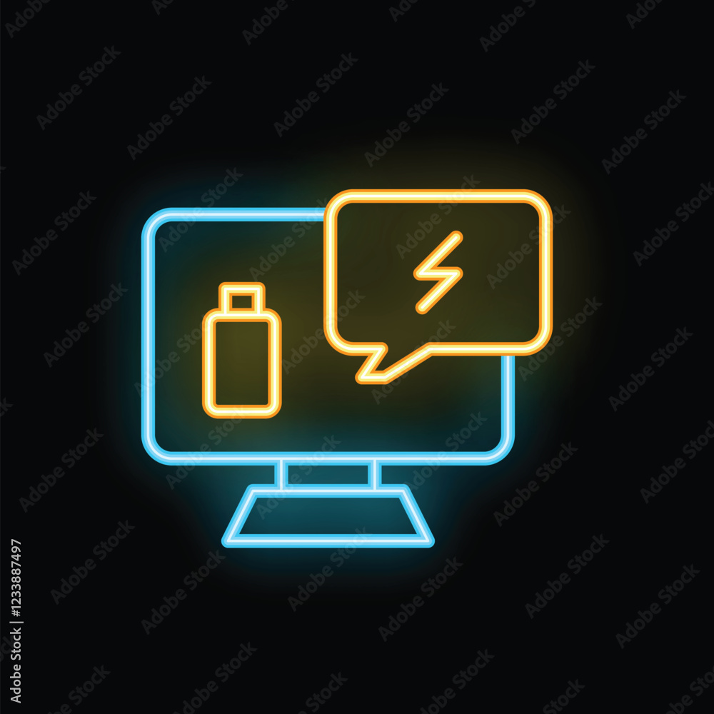 Poster neon computer icon displaying a charging battery and a lightning bolt inside a speech bubble on a bl