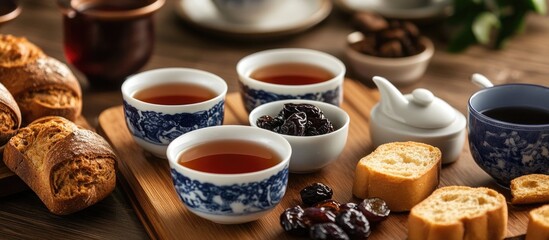 Fototapeta premium Traditional tea setup with patterned cups, assorted dried fruits, and baked goods on wooden table, Copy Space