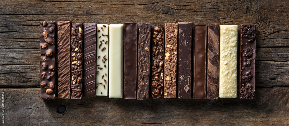 Poster assorted chocolate bars arranged in a row on a rustic wooden surface with copy space for text.