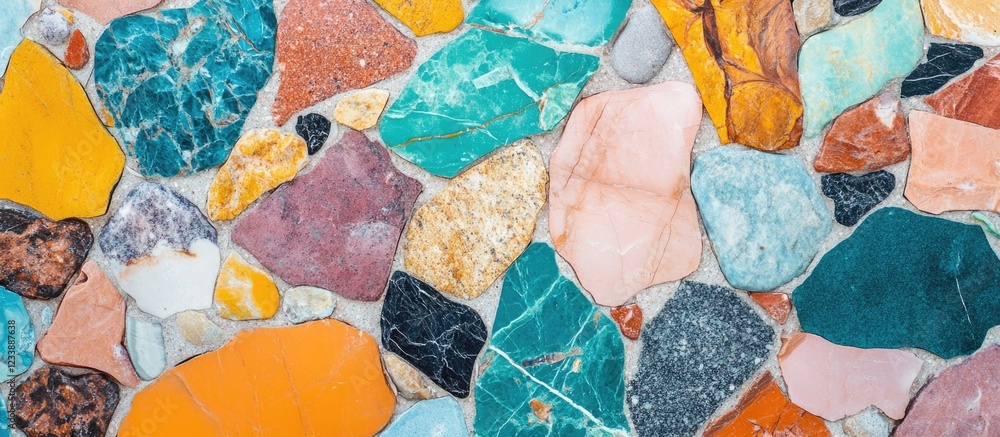 Poster colorful mosaic stone wall texture background with various shapes and hues suitable for design eleme