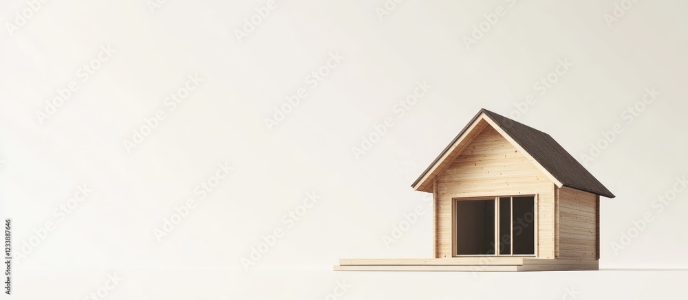 Poster wooden model house on a minimalistic background with ample copy space for text or branding purposes