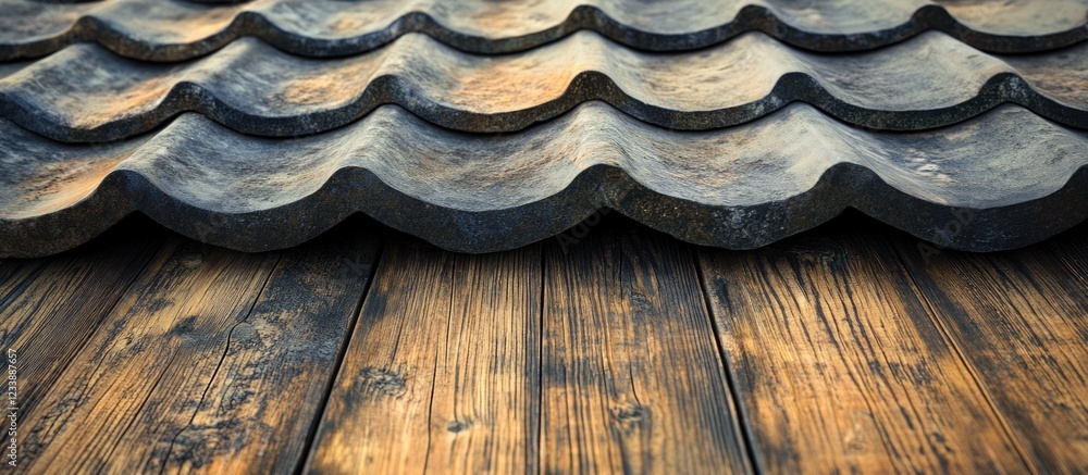 Poster old weathered roof tiles and wooden surface background texture with detailed patterns. copy space av