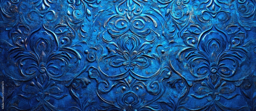 Poster blue floral embossed texture background with intricate design and copy space for text placement