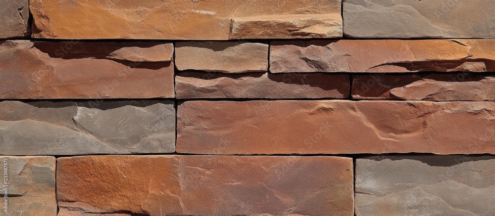 Poster textured pattern of multi-colored stacked stone wall with earthy tones and natural variations suitab