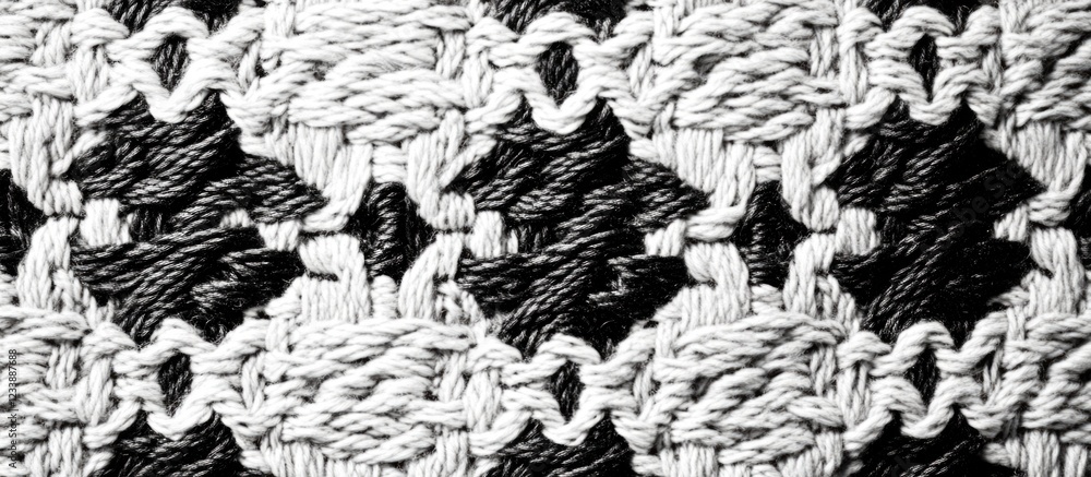 Poster textured black and white woven fabric pattern with intricate geometric design and ample copy space f