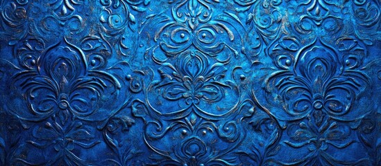 Blue floral embossed texture background with intricate design and copy space for text placement