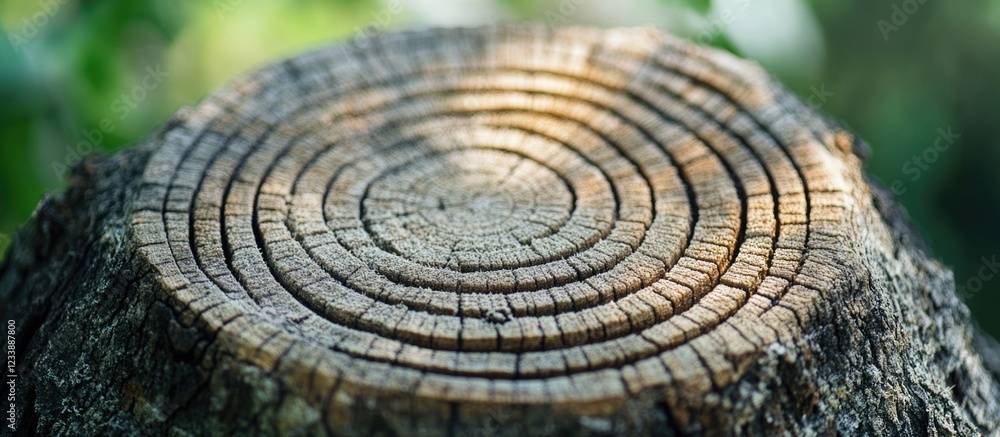 Poster wood tree stump with visible growth rings and textured surface captured in natural setting with copy