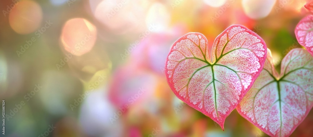 Poster close-up of heart-shaped leaves with pink edges and bokeh background copy space for text or design o