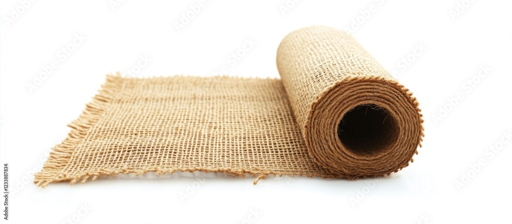 Poster rolled burlap fabric with fringe edges on white background ideal for rustic decor and crafting proje