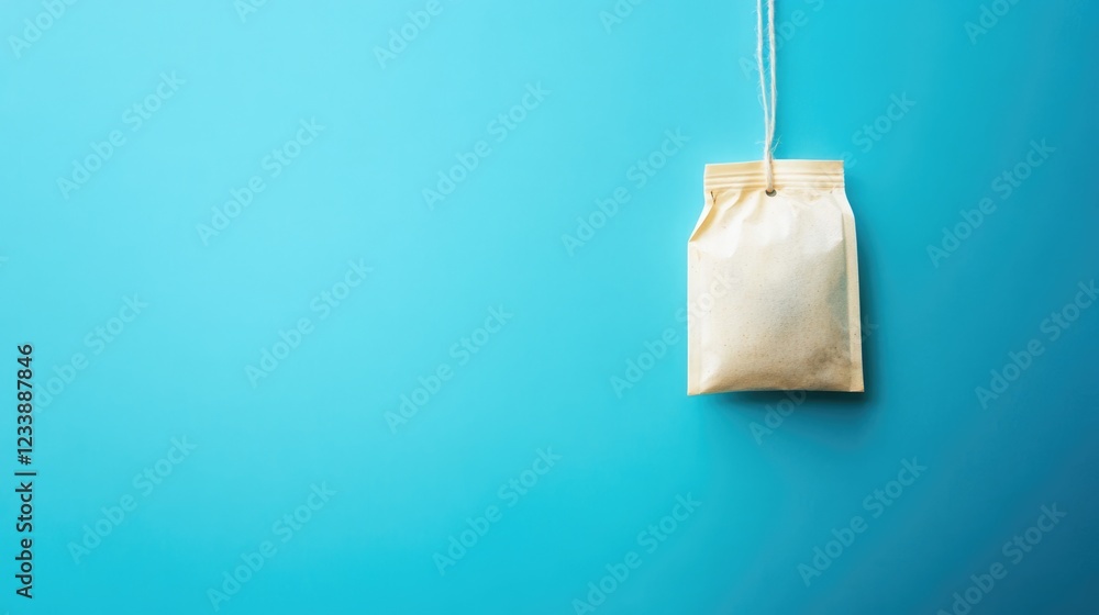 Poster brown paper bag hanging on a string against a bright blue background with copy space for text insert