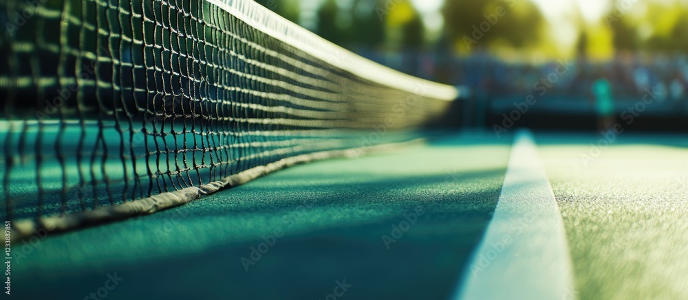 Aufkleber tennis court net with blurred background and sunlight creating reflections on surface copy space