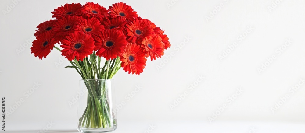 Poster red gerbera daisies in a glass vase on a white background with ample copy space for text placement