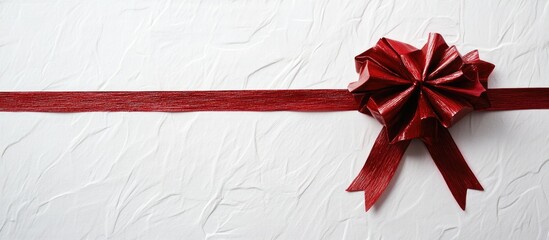 Red gift bow and ribbon on textured white background with ample copy space