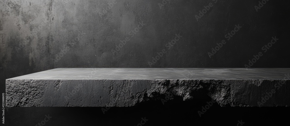 Poster concrete shelf on dark background with textured surface and dramatic lighting showcasing depth and d