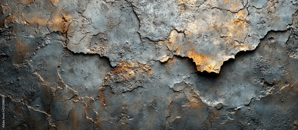 Poster textured abstract background of peeling cracked paint or plaster with rusty metallic hues and deep s