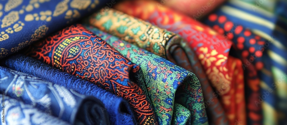 Poster colorful assortment of richly patterned fabrics stacked together displaying intricate designs and te
