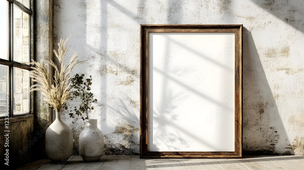 Poster minimalist and rustic interior design with a wooden frame decorative ceramic vases and natural plant