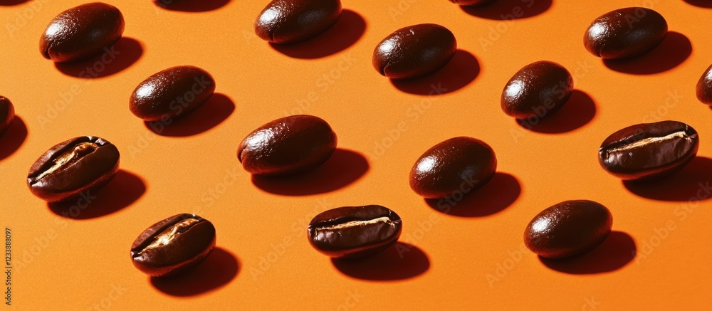 Poster coffee beans arranged on a vibrant orange background with shadows creating visual depth and texture 