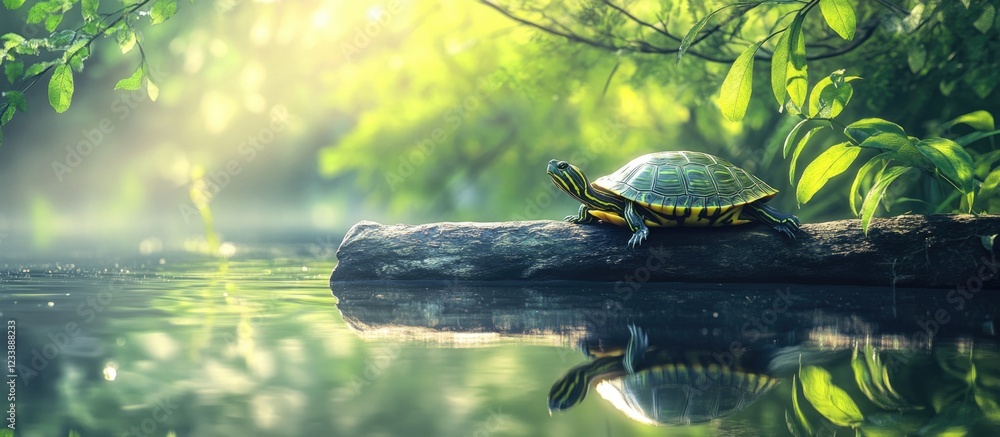 Poster turtle on log in forest pond with reflections and sunlight filtering through leaves