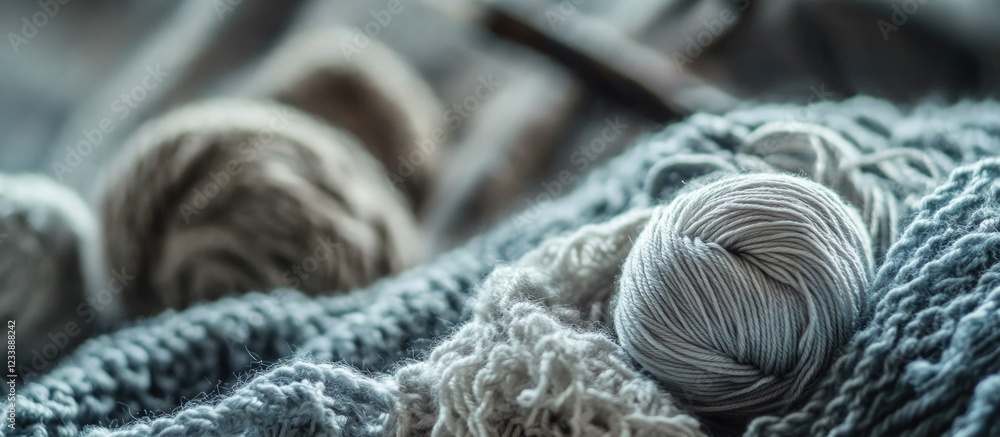 Poster textured composition of soft yarn balls on knitted fabric with copy space for crafting or textile de
