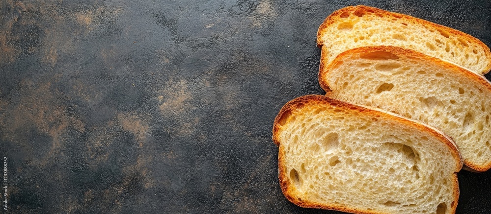 Poster sliced bread on dark textured background with copy space for text or design elements