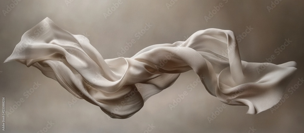 Poster flowing white fabric in mid-air with soft light and neutral background, abstract textile art with mo