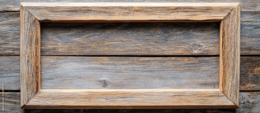 Poster rustic wooden frame on a weathered wooden background with ample copy space for text or images