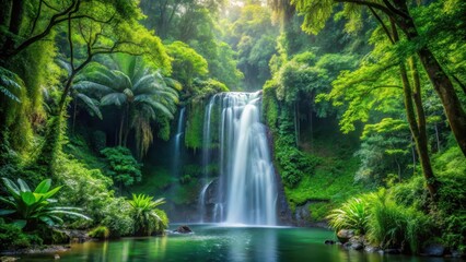 Naklejka premium waterfall in lush green forest amidst dense foliage of tall trees and vines, verdant, scenic, verdant, scenic, green, tranquil