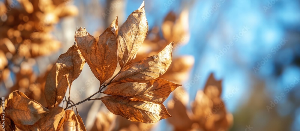 Poster close-up of dried brown leaves on a tree branch with a blurred blue background and copy space for te