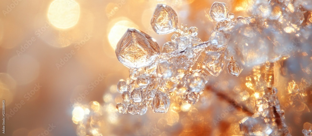 Aufkleber close-up of glittering ice crystals with warm bokeh background and copy space for text.