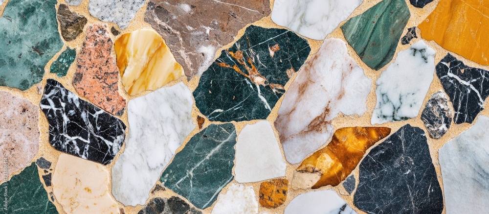 Poster colorful mosaic pattern of various natural stones with textured surface and copy space for text