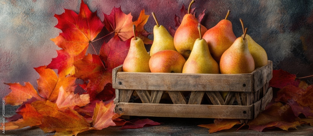 Poster pears in a wooden crate surrounded by colorful autumn leaves with a textured background and ample co