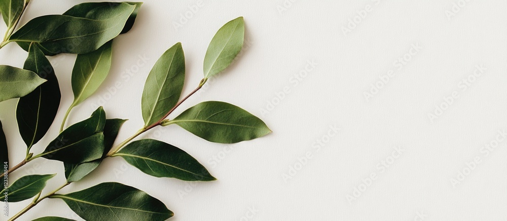 Poster green bay leaf branch on a light background with ample copy space for text placement.