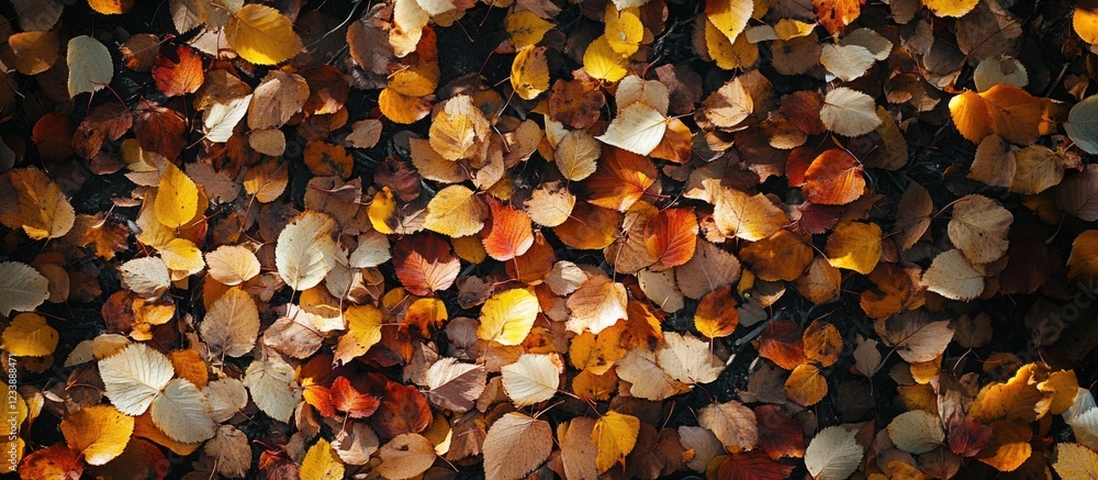 Poster autumn leaves in various colors covering the ground in a natural setting with copy space for text in
