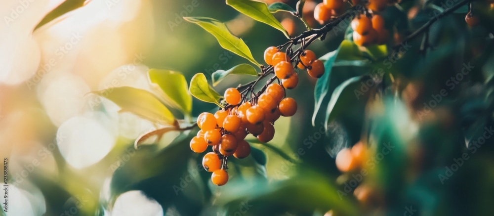 Poster branch of vibrant orange berries surrounded by green leaves with a blurred background creating a sof