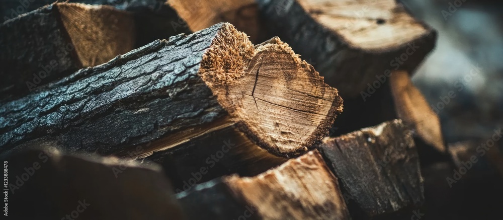 Aufkleber firewood logs stacked in a rustic arrangement with visible wood textures and copy space for text pla