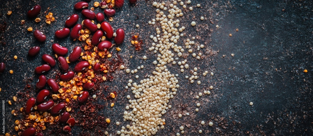 Poster colorful assortment of red beans and quinoa arranged on a dark textured surface with copy space for 