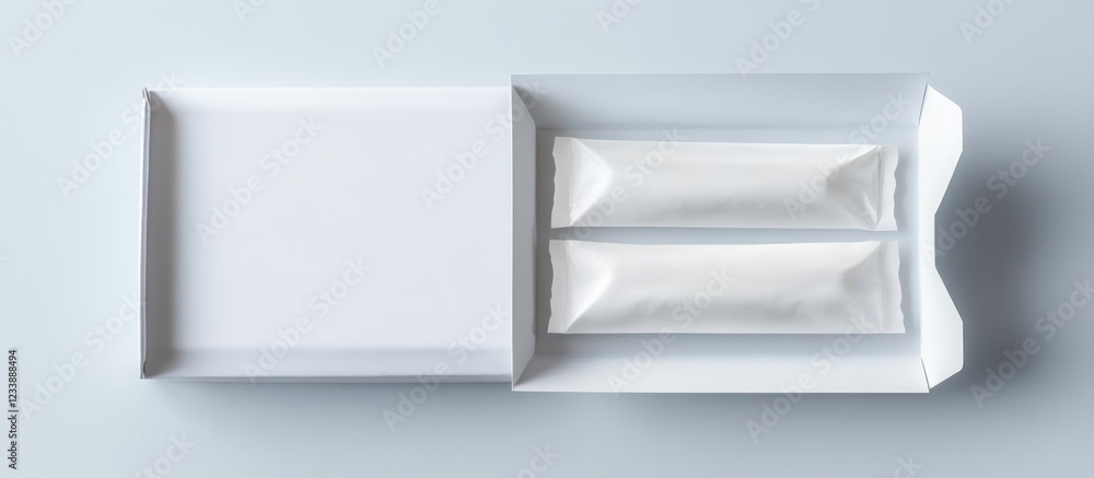 Poster minimalistic white packaging design on a light background with two pouches and a rectangular tray co
