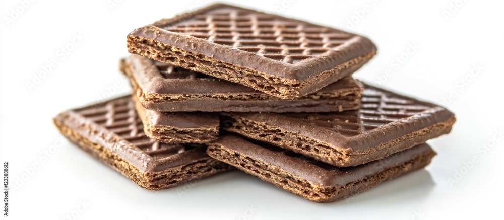 Poster chocolate wafer biscuits stacked on a white background with ample copy space for text placement.