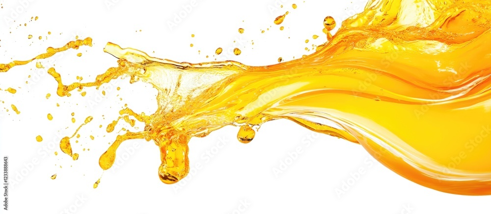 Poster yellow liquid splash isolated on white background with dynamic motion and droplets.