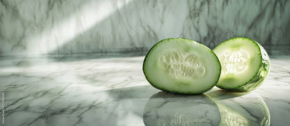 Poster sliced cucumber on marble countertop with reflections and natural light copy space
