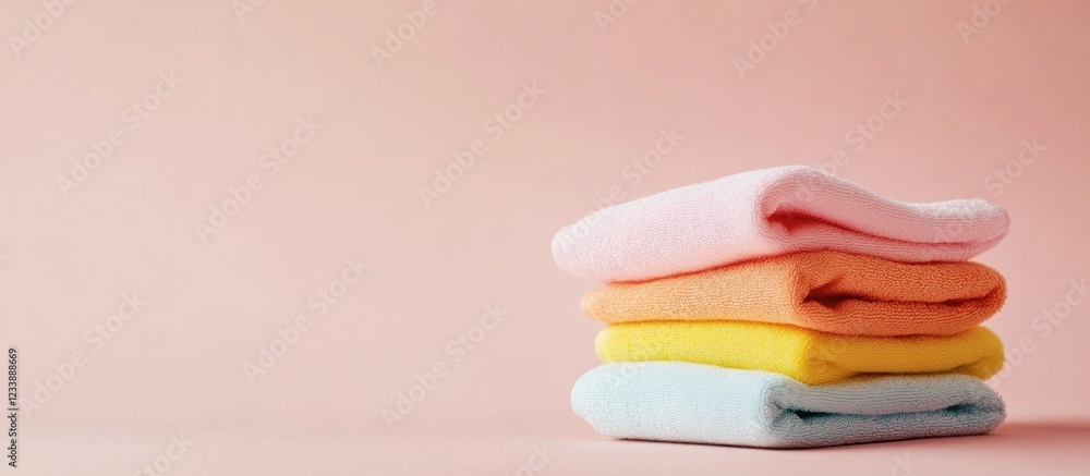 Aufkleber colorful folded towels on a pink background with ample copy space for text placement