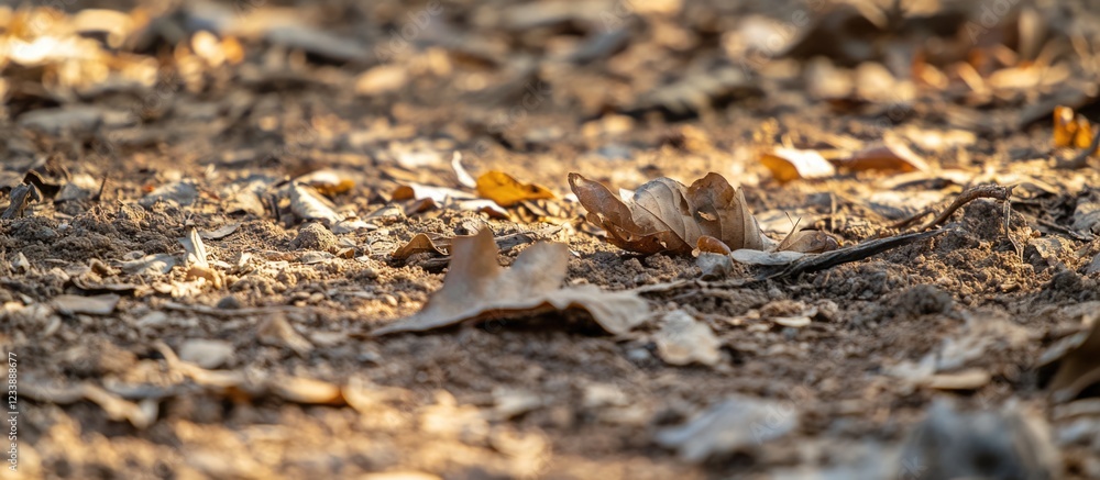 Poster dry autumn leaves scattered on a forest floor with soft sunlight filtering through, featuring natura